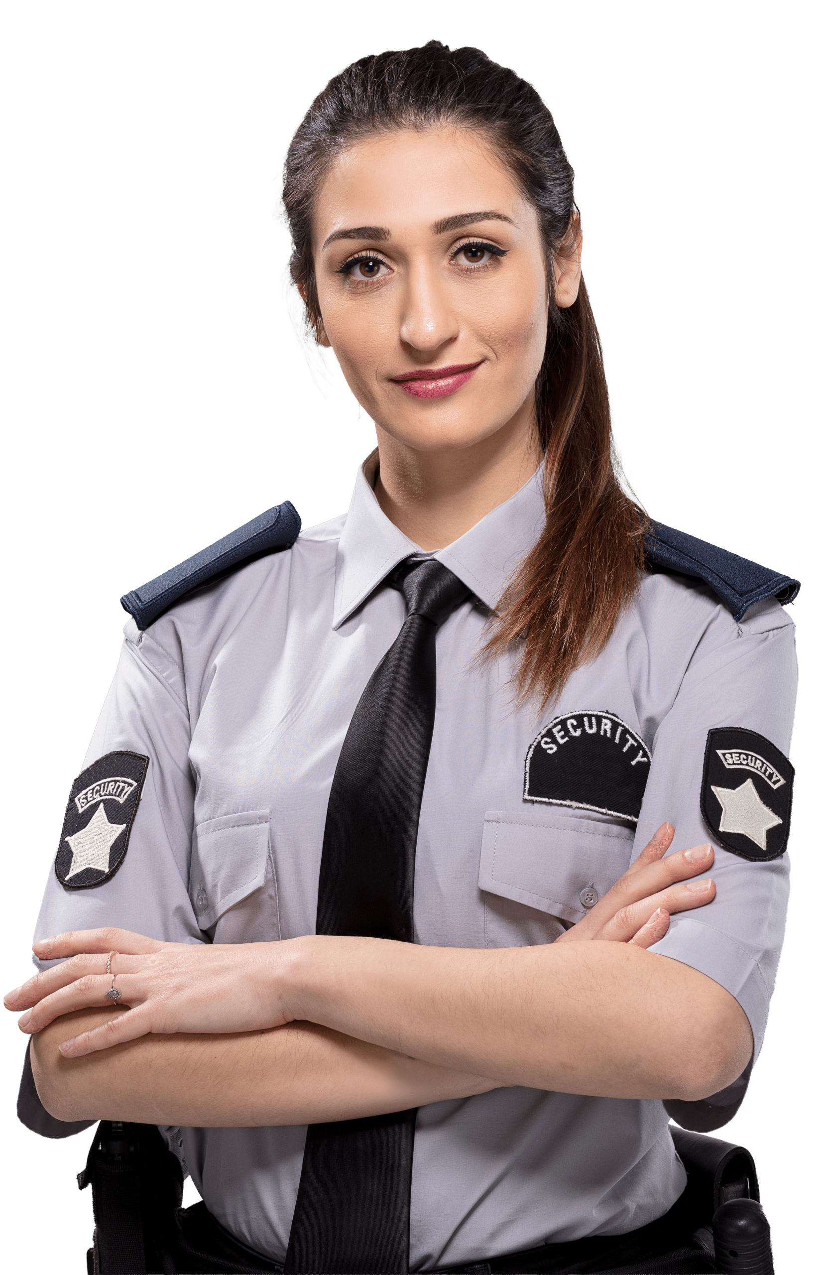 Confident female security officer in a gray uniform